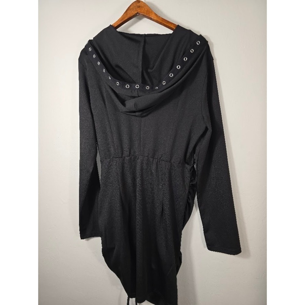 Womens Black Goth Hoodie Laceup Dress Long Sleeve Drawstring Ruched Mini‎ Dress